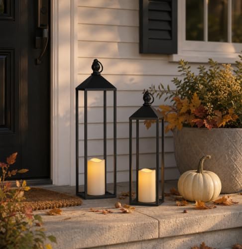 Perfnique Decorative Lanterns for Indoor & Outdoor, Set of 2 Black Metal Lanterns (22" & 19") with LED Timer Flameless Candles, Farmhouse Modern Decor for Front Porch, Patio, Mantle - Image 3