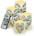 Floral Marble Dragonfly Flameless Candles with Remote Timer Battery Powered LED Candles Color Changing Pillar Electric Fake Candles Bulk for Indoor Set of 4 by Uorisanigo