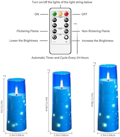 Nimiko Flickering Flameless LED Candles,Battery Operated Candles 9 Pcs with Embedded Star String,Acrylic LED Pillar Candles with Remote,Suitable for Home Decoration to Create an Atmosphere (Blue) - Image 2