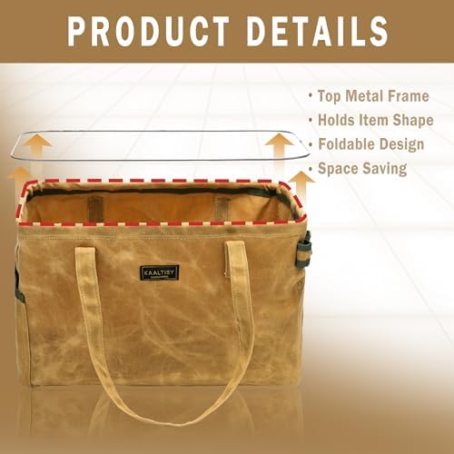 Open Top Tool Bag, Heavy Duty 16oz Waxed Canvas Tool Bag with Inside Pockets & Sturdy Handles - for Gardner Carpenter Craftsman - Tool Tote Bag Pouch | 15"Lx7"Wx10"H | Khaki - Image 4