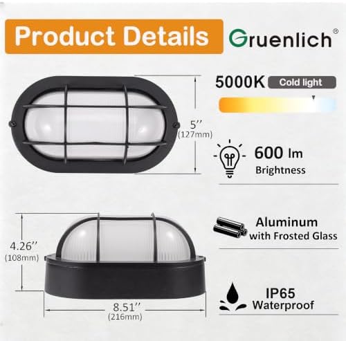 GRUENLICH LED Bulkhead Light, 8.5" Oval Aluminum, 5000K, Black, 1 Pack - Image 2