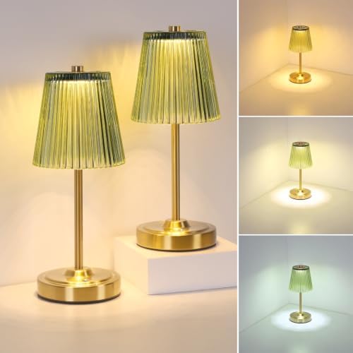 Shenmoyl Set of 2 Cordless Touch Table Lamp with 5200mAh Battery - 3 Adjustable Color Temperatures & Dimmable, Rechargeable Lamp for Bedsides, Living Room, Entryway, Bookshelves (Green Stripe) by Shenmoyl