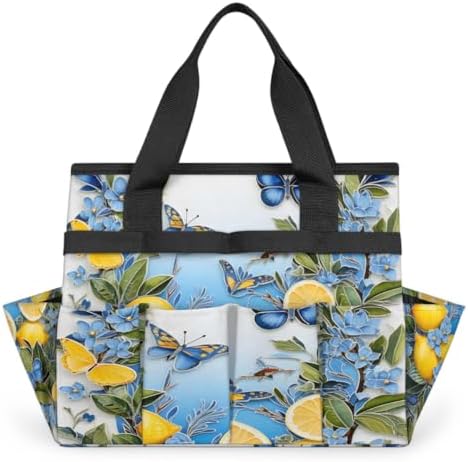 Lemon Garden Tool Bag Organizer Heavy Duty Fruit Lemon Pattern Gardening Tote Bag with 10 Pockets for Women Men Gardening Gifts by Home