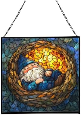 Dreamy Nest Gnome Stained Glass Suncatcher – Square Hanging Window Panel for Home or Greenhouse – Whimsical Glass Art Gift for Garden Lovers, Christmas, Halloween, Father Days ng8OPb by Custom