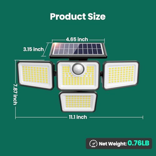 4500LM Solar Lights Outdoor, 4 Adjustable Heads Motion Sensor Lights, 3 Modes, 6500K, IP65 Waterproof Solar Security Wall Lights, Remote Control Flood Lights, Garden, Outside, Backyard, 2 Pack - Image 3