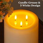 Yeelida 3-Wick 6"x6" Extra Large Real Wax Flameless Pillar Candles with Remote Control and Timer Function, Candle Grease Ivory Battery Operated LED Flickering 3D-Wick (Long Lasting, Warm Fire) - Image 3