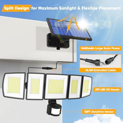 MDCMDCM Solar Motion Lights Outdoor - with 16.4ft Cable, 3000LM LED Security Lights for Outside Dusk to Dawn, IP65 Waterproof Flood Lights with Remote for Court Yard Garage Front Door - Image 2