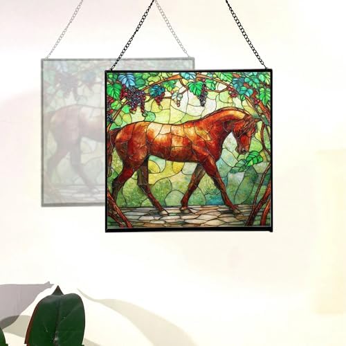 Chestnut Trakehner Horse Walking Beneath Vineyard Canopy Square Suncatcher – Stained Glass Style Window Panel with Pastoral Scene, Custom Decorative Hanging Art for Equestrian Home, Christmas Wq9NnE - Image 4