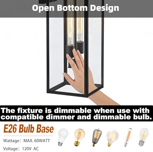1 Pack 25in Extra Large Outdoor Wall Light 2-Light Black Wall Lantern for Porch,25” Exterior Sconce Metal and Glass Large Porch Light Black Outdoor Lanterns Garage Patio Outside Lighting 2-Bulb,E26 - Image 4