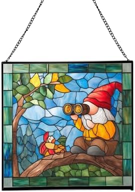 Gnome with Bird Watching Stained Glass Suncatcher – Square Hanging Window Panel for Home, Garden, Nursery, Halloween, Christmas, Memorial Day – Whimsical Glass Art Gift for Gnome Lovers yhkgtd by Custom