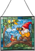Gnome with Bird Watching Stained Glass Suncatcher – Square Hanging Window Panel for Home, Garden, Nursery, Halloween, Christmas, Memorial Day – Whimsical Glass Art Gift for Gnome Lovers yhkgtd by Custom