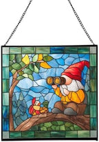 Gnome with Bird Watching Stained Glass Suncatcher – Square Hanging Window Panel for Home, Garden, Nursery, Halloween, Christmas, Memorial Day – Whimsical Glass Art Gift for Gnome Lovers yhkgtd by Custom