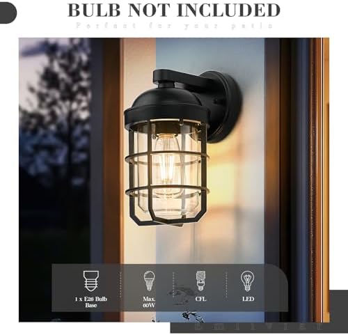 Emliviar 1-Light Outdoor Wall Sconce, Metal Cage Industrial Exterior Wall Light Fixture, Clear Tempered Glass with Black Finish, GE255BL BK - Image 4