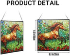Brown Dutch Warmblood Horse Galloping Along Wild Hedgerow Square Suncatcher – Stained Glass Style Window Panel with Pastoral Scene, Custom Decorative Hanging Art for Equestrian Home, Christmas 3wkf38 - Image 2