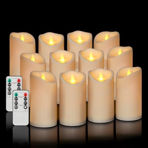 Flameless Candles 3"D X 6"H Set of 12 Outdoor Indoor Ivory Pillars Battery Operated Flickering Candles Include 8-Key Remote Timer Function, Ivory Waterproof Candles for Wedding, Aniversary Decor by Artmarry