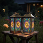 Stained Glass Style Solar Lantern Outdoor Garden Hanging Lantern Sunflower Stained Glass Spring Color Mosaic Design Waterproof Solar Powered Lighting Outside Table Lamp for Patio Deck Yard Camping - Image 6