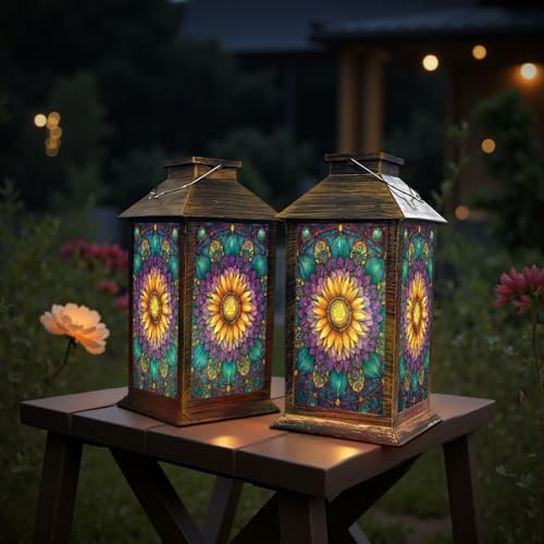Stained Glass Style Solar Lantern Outdoor Garden Hanging Lantern Sunflower Stained Glass Spring Color Mosaic Design Waterproof Solar Powered Lighting Outside Table Lamp for Patio Deck Yard Camping - Image 6