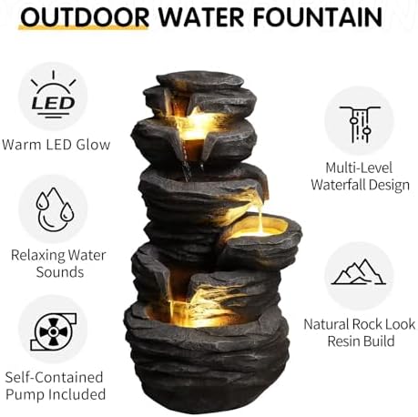 Outdoor Waterfall Fountain with LED Lights Cascading Rock Water Feature Weather-Resistant Resin Garden Decor for Patio Yard Porch Landscape - Image 3
