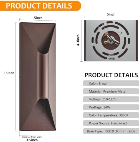 Outdoor Wall Lights 2 Pack, 15" Up and Down Porch Wall Sconce, Waterproof Exterior Lighting Fixtures, Replaceable Bulb, 3000K LED, Modern Brown Outdoor Lights for House Garage - Image 4