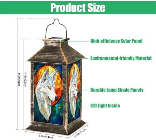 Solar Lantern Wolf Stained Glass Portrait Golden Sun Halo Blue Mosaic Wildlife Art Outdoor Waterproof Hanging Solar Light Outside Lights for Patio Yard House Lawn Decor Birthday Gifts for Women Mom - Image 2
