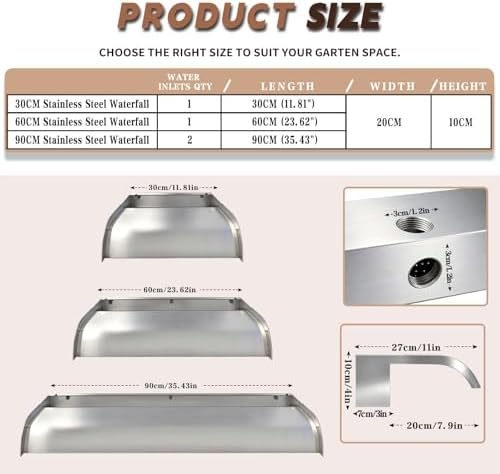 Curved-Mouth Waterfall Pool Fountain, Stainless Steel Waterfall Spillway with Pipe Connector Kits for Outdoor Decorative, 35.4 Inches Pool Water Feature for Garden Patio, Without Cover Plate - Image 2