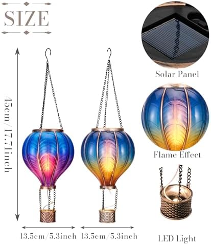 TERESA'S COLLECTIONS 2 Pack Hanging Solar Lantern Outdoor Garden Decor for Valentine,Waterproof Plastic Hot Air Balloon Blue Flickering Flame Effect Lantern for Yard Tree,Gift for Mom,18" - Image 4