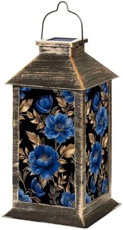 Solar Lantern Outdoor Garden Hanging Lantern Elegant Blue Gold Floral Black Waterproof Solar Powered Lighting Outside Table Lamp for Patio Deck Yard Camping by Unknown