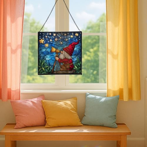 Star Gazer Gnome Stained Glass Suncatcher – Square Hanging Window Panel for Home or Greenhouse – Whimsical Glass Art Gift for Garden Lovers, Christmas, Halloween, Father Days j9i2JX - Image 5