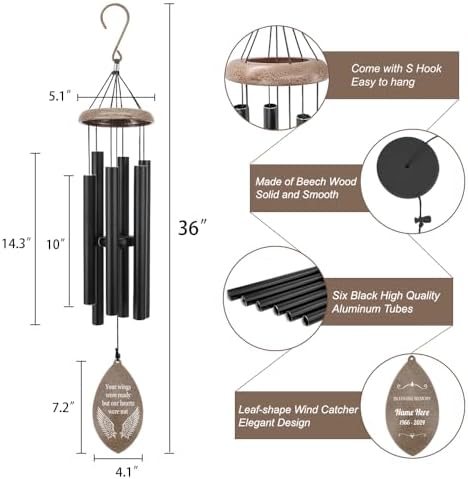 Personalized Memorial Wind Chimes, Angel Wings Sympathy Gifts Wind Chimes, 36inch Deep Tone Wind Chime for Loss of Loved Mom/Dad, Commemorative Wind Chime - Image 6