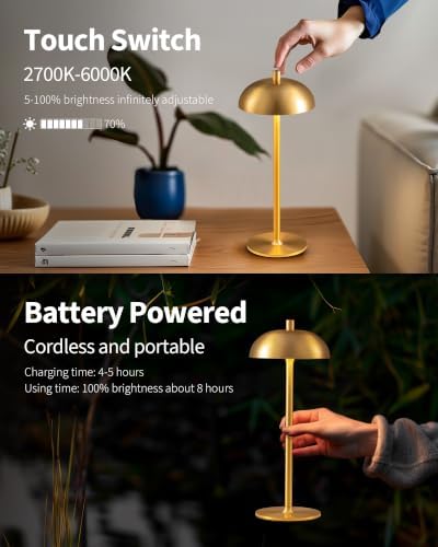 12" Cordless Table Lamps Set of 2, Gold Modern Portable Desk Lamp - Image 4