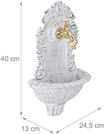 Relaxdays Antique Wall Water Fountain, Faucet, Nostalgic, Garden Basin, Cast Aluminium, HWD 40 x 24.5 x 13 cm, White - Image 4