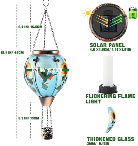 Hot Air Balloon Solar Lantern - Hummingbird Glass Lantern, Simulated Flickering & Dancing Flame, Outdoor Hanging Sunflower Yard Light Waterproof IP65 for Patio Lawn Porch Decor Gift - Image 6