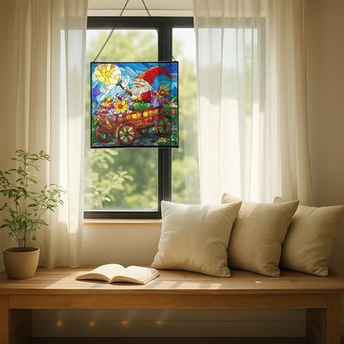 Gnome in a Wagon Ride Stained Glass Suncatcher – Square Hanging Window Panel for Home or Greenhouse – Whimsical Glass Art Gift for Garden Lovers, Christmas, Halloween, Father Days KkTJmY - Image 7