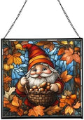 Gnome with Acorn Basket Stained Glass Suncatcher – Square Hanging Window Panel for Home or Greenhouse – Whimsical Glass Art Gift for Garden Lovers, Christmas, Halloween, Father Days hZKufe by Custom