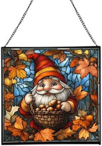 Gnome with Acorn Basket Stained Glass Suncatcher – Square Hanging Window Panel for Home or Greenhouse – Whimsical Glass Art Gift for Garden Lovers, Christmas, Halloween, Father Days hZKufe by Custom