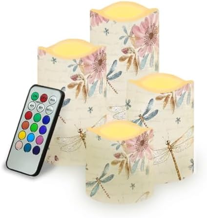 Dragonfly Pink Floral Flameless Candles with Remote Timer Battery Powered LED Candles Color Changing Pillar Electric Fake Candles Bulk for Indoor Set of 4 by Uorisanigo