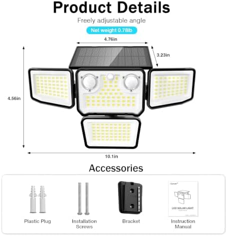 4500LM Solar Lights Outdoor Waterproof, 254 LED Solar Flood Lights Outdoor with 2 Motion Sensor, 4 Heads Security Light for Yard Outside House Garage 2 Pack - Image 5