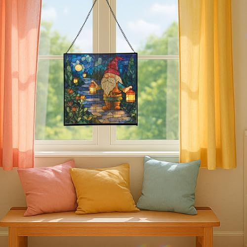 Lantern Path Gnome Stained Glass Suncatcher – Square Hanging Window Panel for Home or Greenhouse – Whimsical Glass Art Gift for Garden Lovers, Christmas, Halloween, Father Days B4TKHr - Image 5
