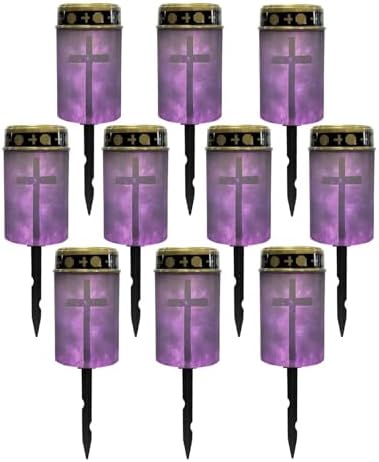 Poceacles Cross Solar Lights Pack of 10 Waterproof Solar Garden Lights Cemetery Solar Outdoor Lights Outdoor Stake Automatic Solar Lantern for Cemetery Grave Decoration, Cross Galaxy Violet by Poceacles