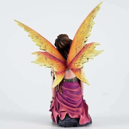 Fantasy Orange-Gold Gradient Wings Fairy Figurine, 6.1 Inch Rock Base Elf Statue, Hand-Painted Resin Decor for Indoor Garden Desk - Image 5