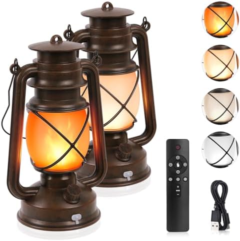 2 Pack Vintage Lantern Flickering Flame Rechargeable LED Retro Camping Lights 4 Modes Remote Control Battery Powered Outdoor Lamp Hanging Lanterns by KINGLEAD
