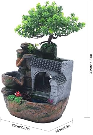 Rockery Tabletop Fountain, Chinese Feng Shui Waterfall Desktop Water Fountain Decor with LED Light, Rockery Tabletop Decoration with Windmills, Plant for Office, Home, Bedroom Desk Decoration - Image 2