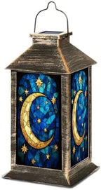 Solar Lantern Moon Stars Stained Glass Window Shades Blue Gold Outdoor Waterproof Garden Hanging Lantern Solar Powered Lighting Outside Table Lamp for Patio Deck Camping 1 Pack by Unknown