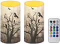 Flameless Candles Flickering Battery Operated Candles with Color Changing Timer Remote Control, Halloween Tree Crow Print LED Pillar Lights for Trick or Treat Party Dining Table by Merkmak