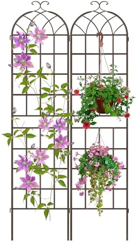 LZRS 82.7 x 40in Rustic Iron Arch Decoration Garden Trellis with Metal Coating – Perfect for Supporting Climbing Plants Outdoor, Roses, Vines, Flowers, and Vegetables, Brown by LZRSPET