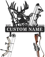 Personalized Deer Hunter Metal Wall Mount & Bow Rack, Custom Deer Hunting Gifts,Outdoor Hunting Decor, Cabin Wall Art, Hunting Room Decor, Lodge Wall Decor, Deer Hunting Accessories with Bow and Rifle Design by HZDSMSIGN