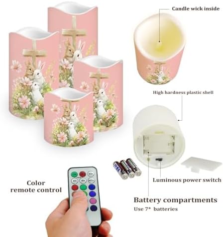 Easter Bunny and Cross Flameless Candles LED Pillar Candles Battery Operated Candles with Remote and Timers Color Changing Electric Fake Plastic Candles Easter Decorations - Image 3