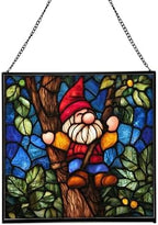Gnome with Tree Climbing Stained Glass Suncatcher – Square Hanging Window Panel for Home, Garden, Nursery, Halloween, Christmas, Memorial Day – Whimsical Glass Art Gift for Gnome Lovers sao25y by Custom