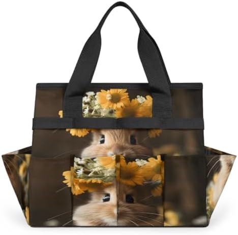 Funny Rabbit Garden Tool Bag Organizer Heavy Duty Floral Rabbit Gardening Tote Bag with 10 Pockets for Women Men Gardening Gifts by Home