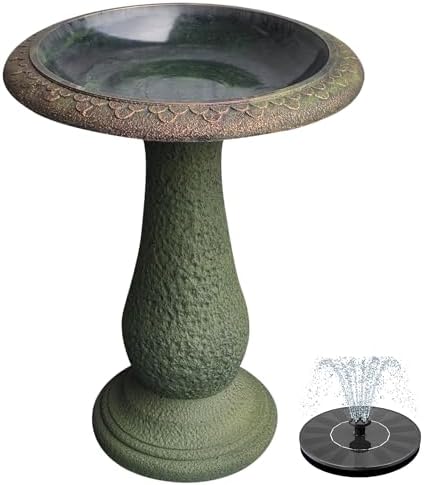 Pedestal Birdbath with Solar Fountain, Resin Stone Composite Outdoor Garden Decor, Standing Bird Bath for Outside Patio Yard, 23-Inch Tall, Garden Fountain, Resin Bird Baths, Hummingbird Bowl by Austram